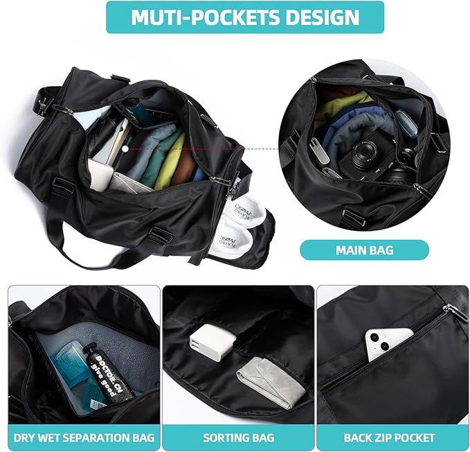 Small Gym Bag Waterproof Shoe Compartment Duffle Workout Bags Overnight Weekender Bag Personal Sport Carry on Outdoors Travel Bag Black for Men Women