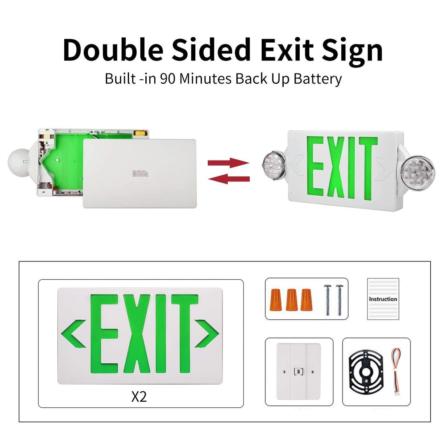 Akt Lighting Emergency Exit Light, 2 Led Heads, Ul Certified, Green, 2 Pack, Thermoplastic, Model 2In1