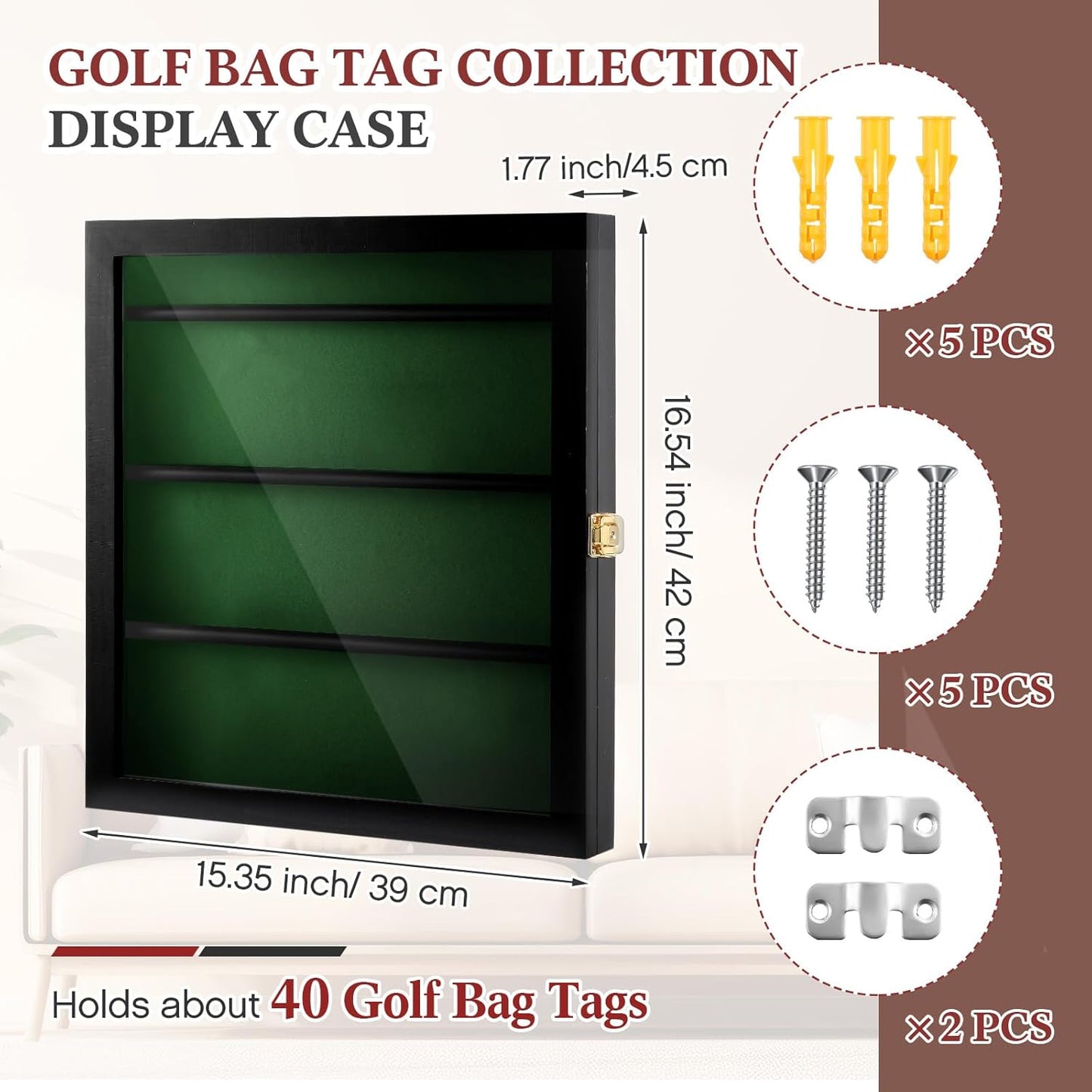 Golf Bag Tag Collection Display Case Holds 40 Bag Tags 16.54 x 15.35 x 1.77 Inch Wall Mount Wooden Shadow Box W/98% UV Acrylic Door Lockable Storage Display Box for Collection