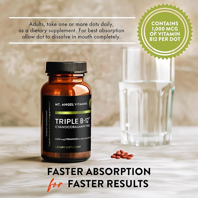 Mt. Angel Vitamins - Triple B-12 Dots | Fast-Dissolving Dots, Blend of Methylcobalamin, Adenosylcobalamin & Hydroxocobalamin, Supports Energy and Nervous System Health – 60 Dots