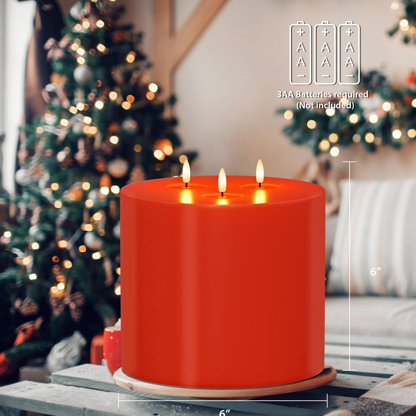 AFINETH Extra Large Red Flameless Candles with Remote, 6"x6" Real Wax Christmas LED Candles with 3 Wicks, Battery Operated Flickering Fake Candle for Xmas, Home, Party Decor