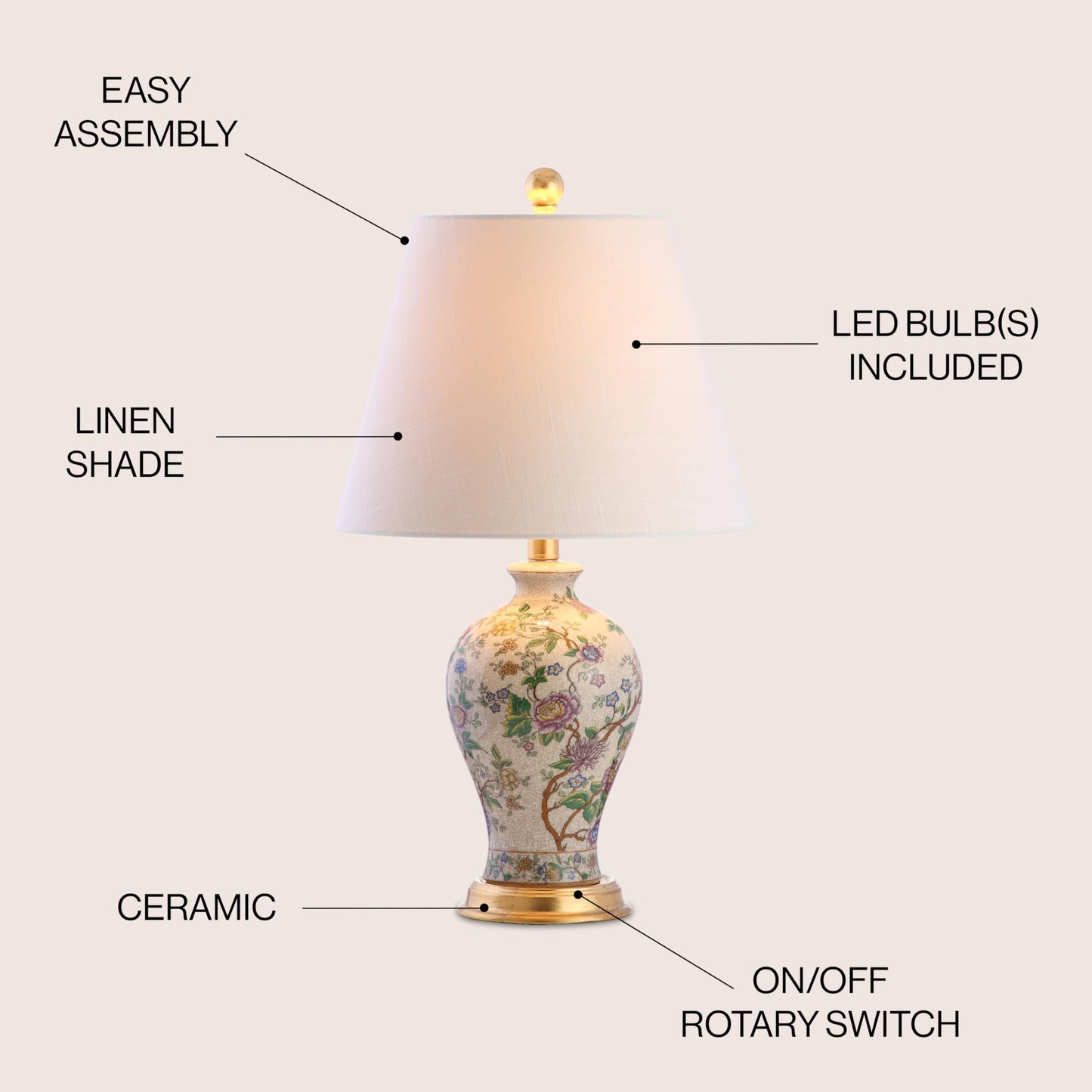 Jonathan Y Grace 24 Floral Led Table Lamp, Multicolor Ceramic, Model Jyl3009A For Bedroom, Living Room, Office