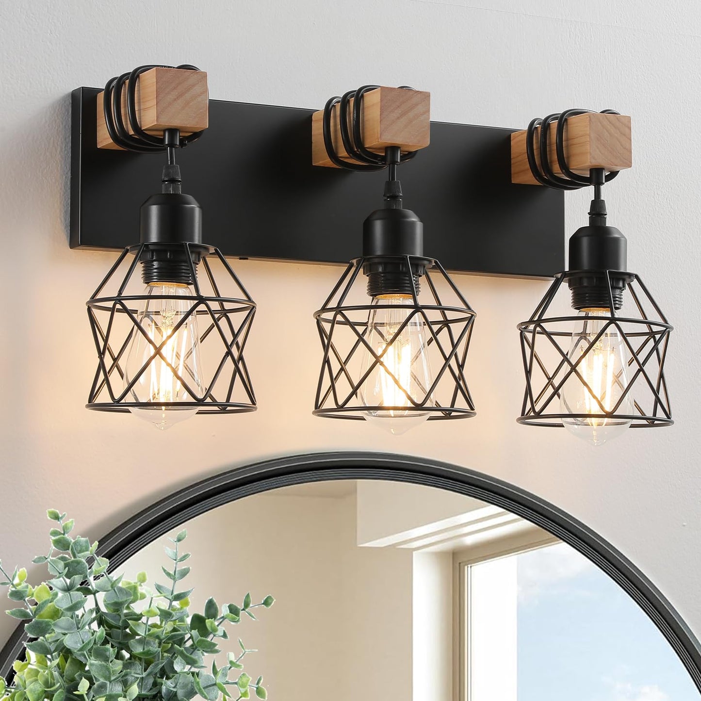 Farmhouse Vanity Light Fixture 3-Light Bathroom Lighting Black Industrial Wood Wall Light Over Mirror With Metal Shade Bulbs Not Included