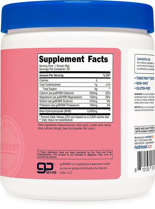 Nutricost BHB Salts Drink Mix (30 Servings, Strawberry Lemonade Flavored) (5G BHB Per Serving) - 0G Total Sugars, Vegetarian Product