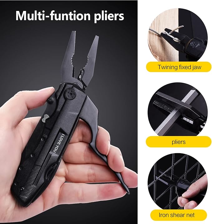 Multitool Pocket Knife for Men, Christmas Stocking Stuffer, Gifts for Boyfriend, Him, Husband, Dad, Multi Tool Tactical Plier With Nylon Sheath, LOVE