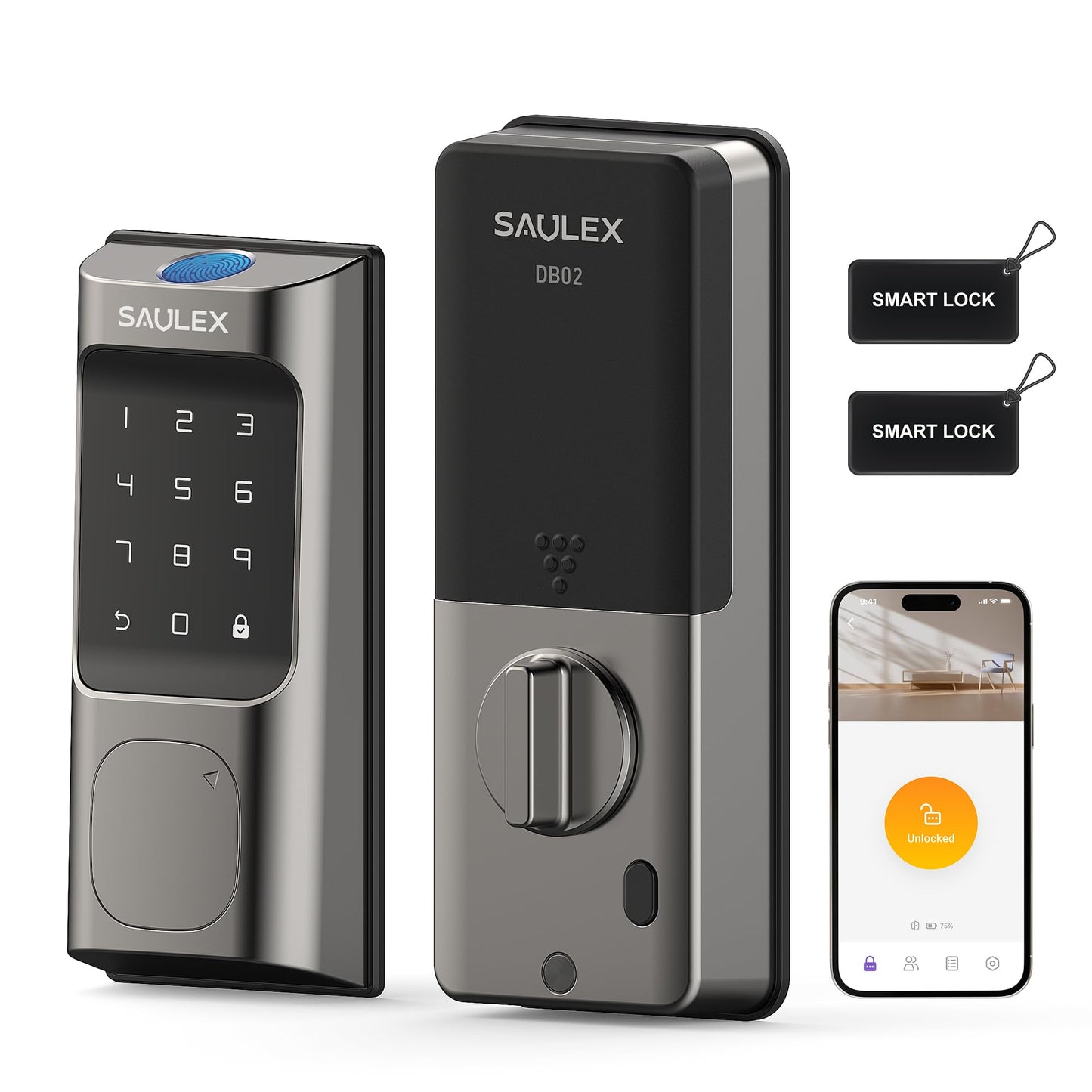 Saulex DB02 WiFi Smart Lock with Fingerprint (No Gateway Required),5-in-1 Keyless Entry Front Deadbolt, App Remote Control, Easy Installation,Auto-Lock.