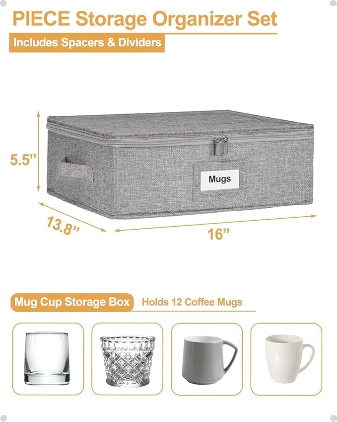 punemi Rigid China Storage Containers 5-Piece Set with Dividers, Quilted Stackable Plate & Dish Storage Protectors, Adjustable Mug and Cup Storage Organizer for Moving and Dinnerware storage, Grey