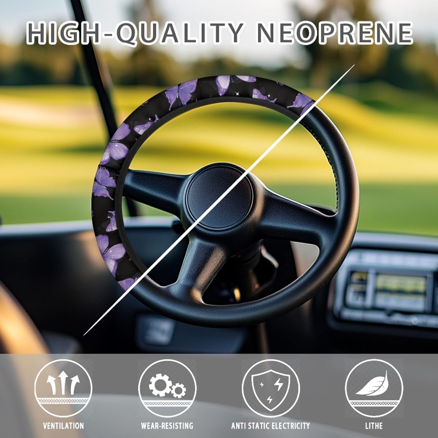 Purple Butterfly Golf Cart Steering Wheel Cover 13 Inch - 14 Inch Club Cars Wheel Covers Universal Golf Cart Accessories Great Gifts for Golfer