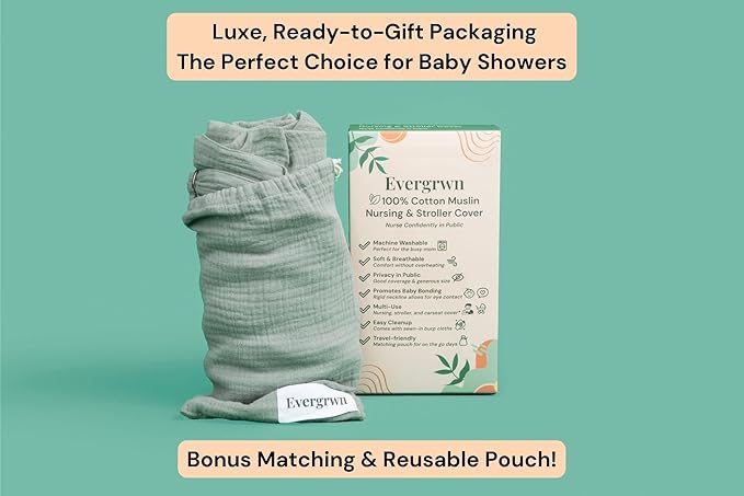 Superior Design Evergrwn Multi-use Privacy Nursing Cover Up for Breastfeeding, 100% Cotton Breathable Nursing Cover with Arch Neckline, Muslin Breastfeeding Cover, Baby Essentials (Sage Green)