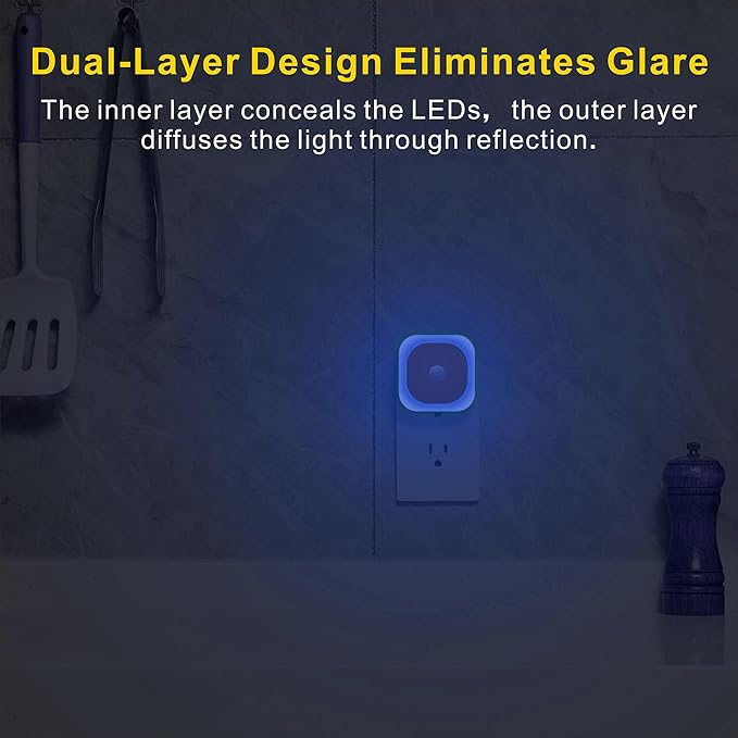 2 Pack Plug in Night Light with Motion Sensor & Dusk to Dawn Sensor, 3 Sensor Modes, Auto ON/Off, Dimmable, Night Lights Plug into Wall for Bathroom, Kitchen, Adults, Indoor, Light Blue