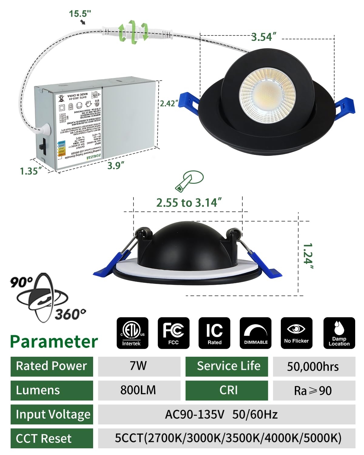 Zouzai 3 Inch Gimbal Black Led Recessed Lighting  360+90 Adjustable Directional Led Recessed Lights  2700K/3000K/3500K/4000K/5000K Dimmable Retrofit Eyeball Can Lights With Jbox Etl (Black  1 Pack)