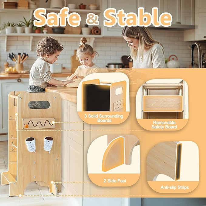 Toddler Tower 4-in-1 Multifunctional Kitchen Stool Helper with Removable Safety Board, Adjustable Heights, Slide, Highchair, Chalkboard, Montessori Games