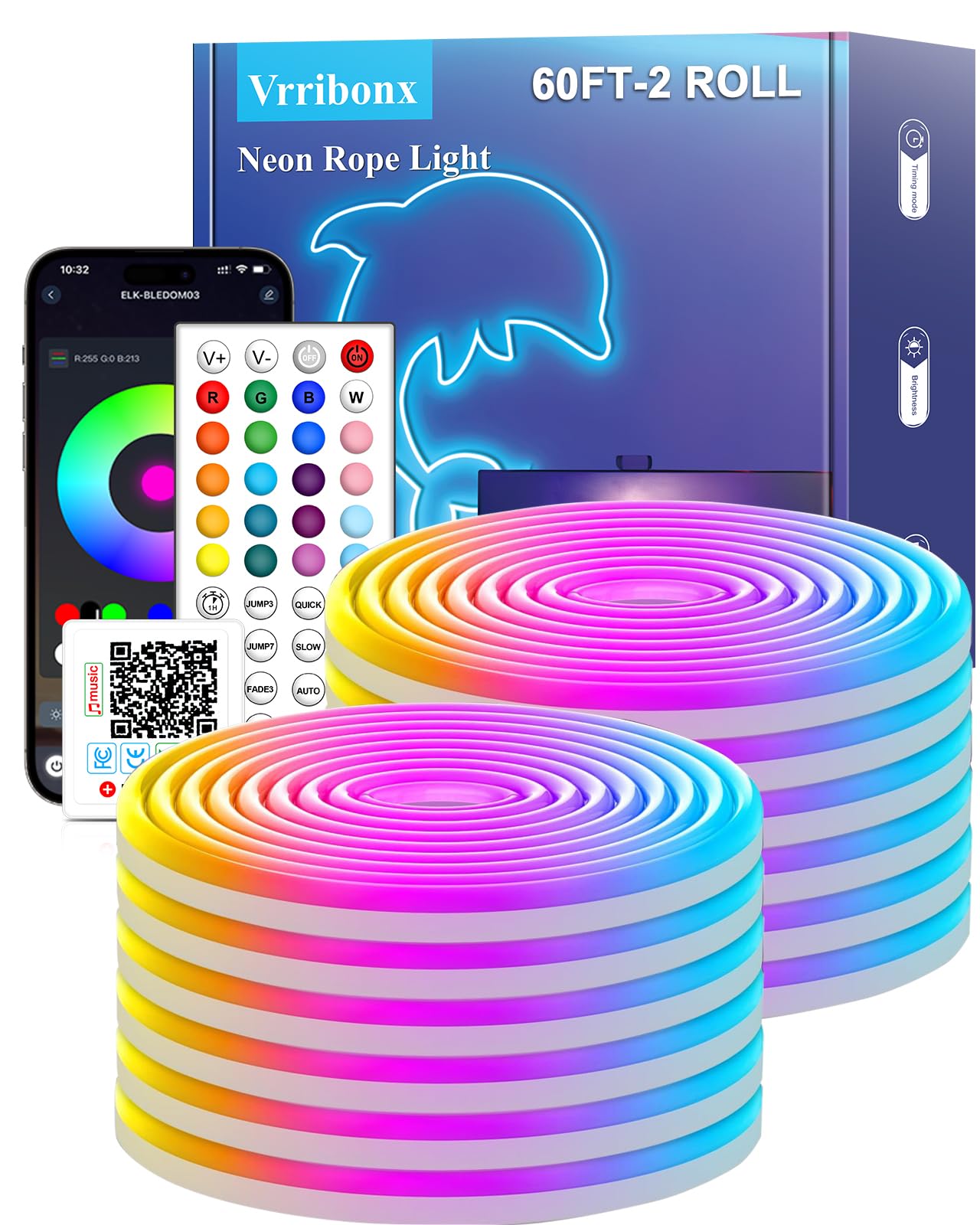 Vrribonx LED Neon Rope Lights, 60FT RGB, Flexible, Waterproof, App/Remote Control, Model V60-01