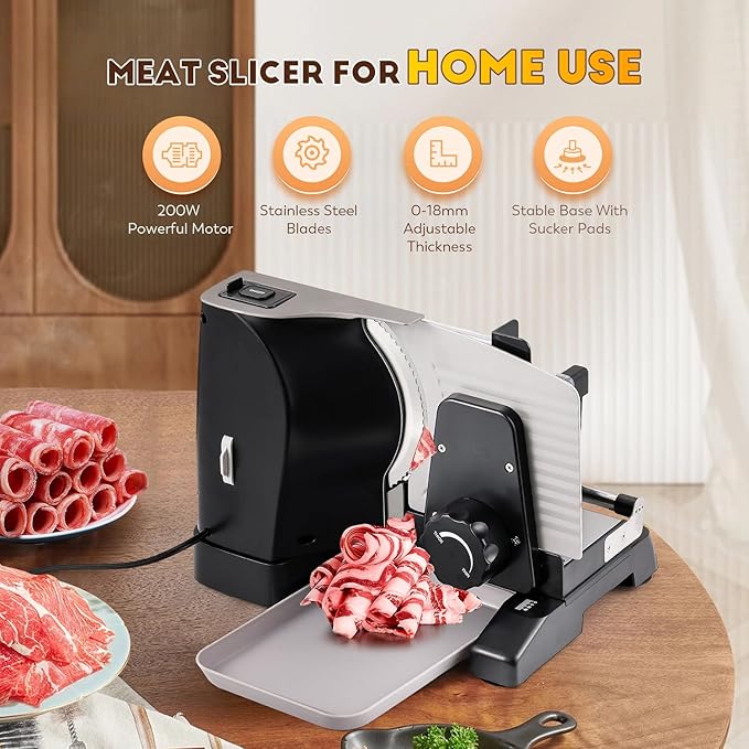 CGOLDENWALL Meat Slicer Electric Food Slicer with 2 Stainless Steel Blades, 0-18mm Adjustable Thickness, Frozen Meat/Cheese Slicer for BBQ Hot Pot Shabu, Child Lock Protection, 200W 110V