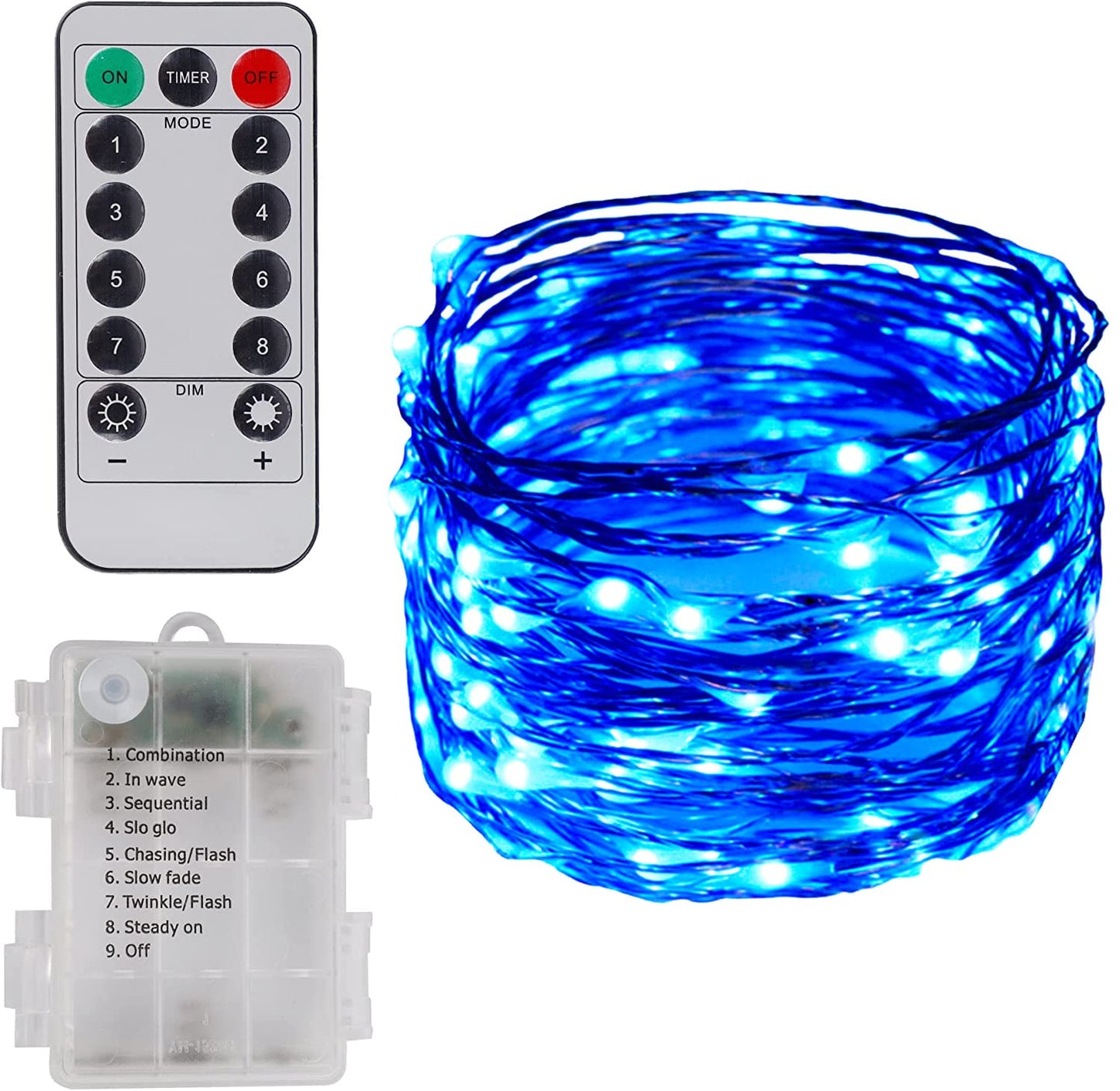 Twinkle Star 33ft 100 LED Battery Operated Fairy Lights, Waterproof Silver Wire, Remote Control, Blue, Model TW-B3399