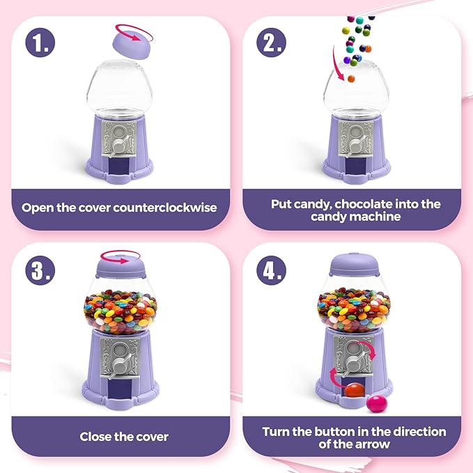 Heleeron Mini Gumball Machine Food Candy Dispenser for Kids,Vintage-Style Bubble Gum Machine (2 units-pink and purple)