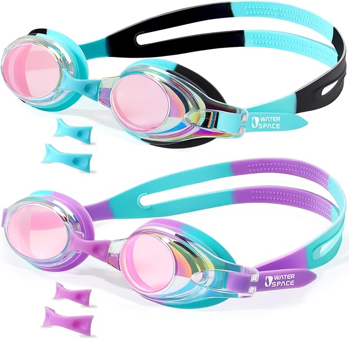 Water Space Kids Goggles, 2 Pack Swim Goggles for Kids Boys Girls Toddler Age 3-15, Clear View Anti-fog UV Protection No Leak
