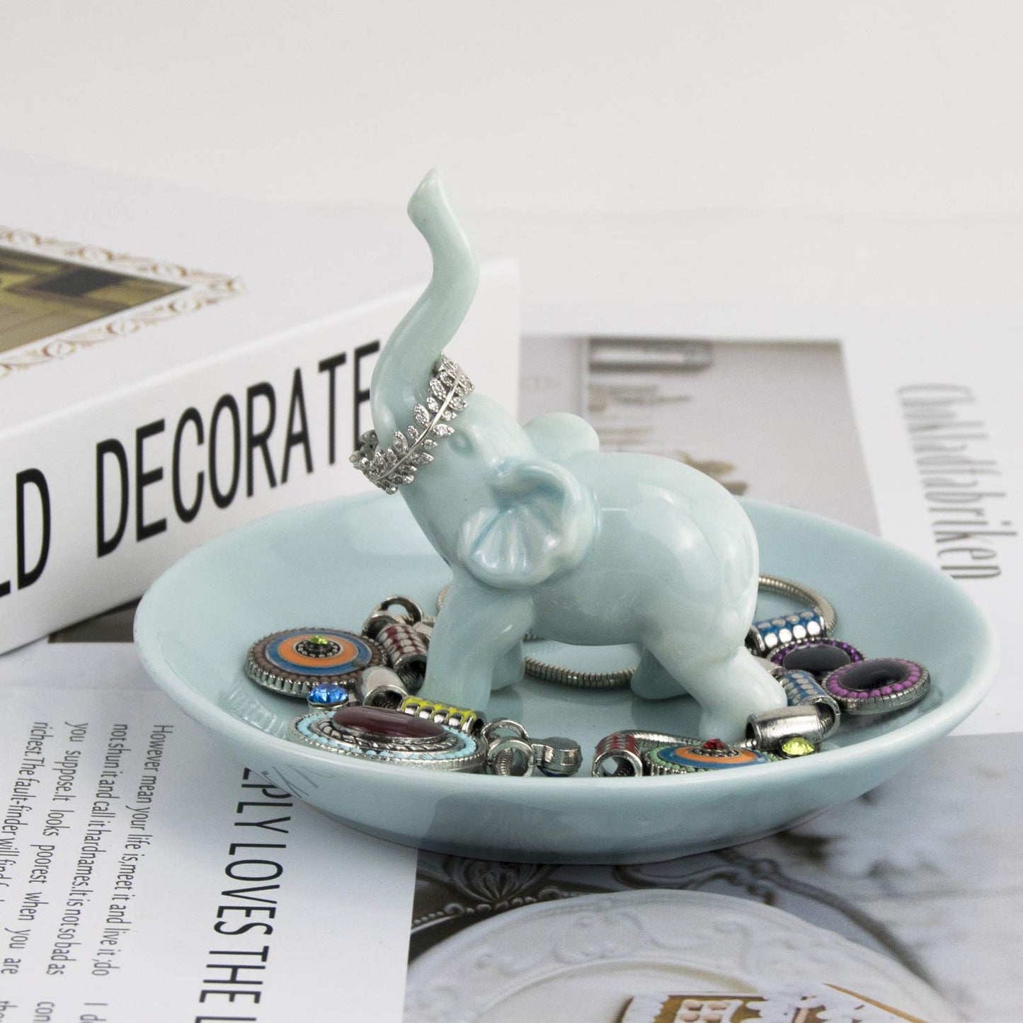 PUDDING CABIN Blue Elephant Ring Holder Trinket Dish, Elephant Gifts for Women, Christmas Birthday Gifts for Women Mom Her, Enga