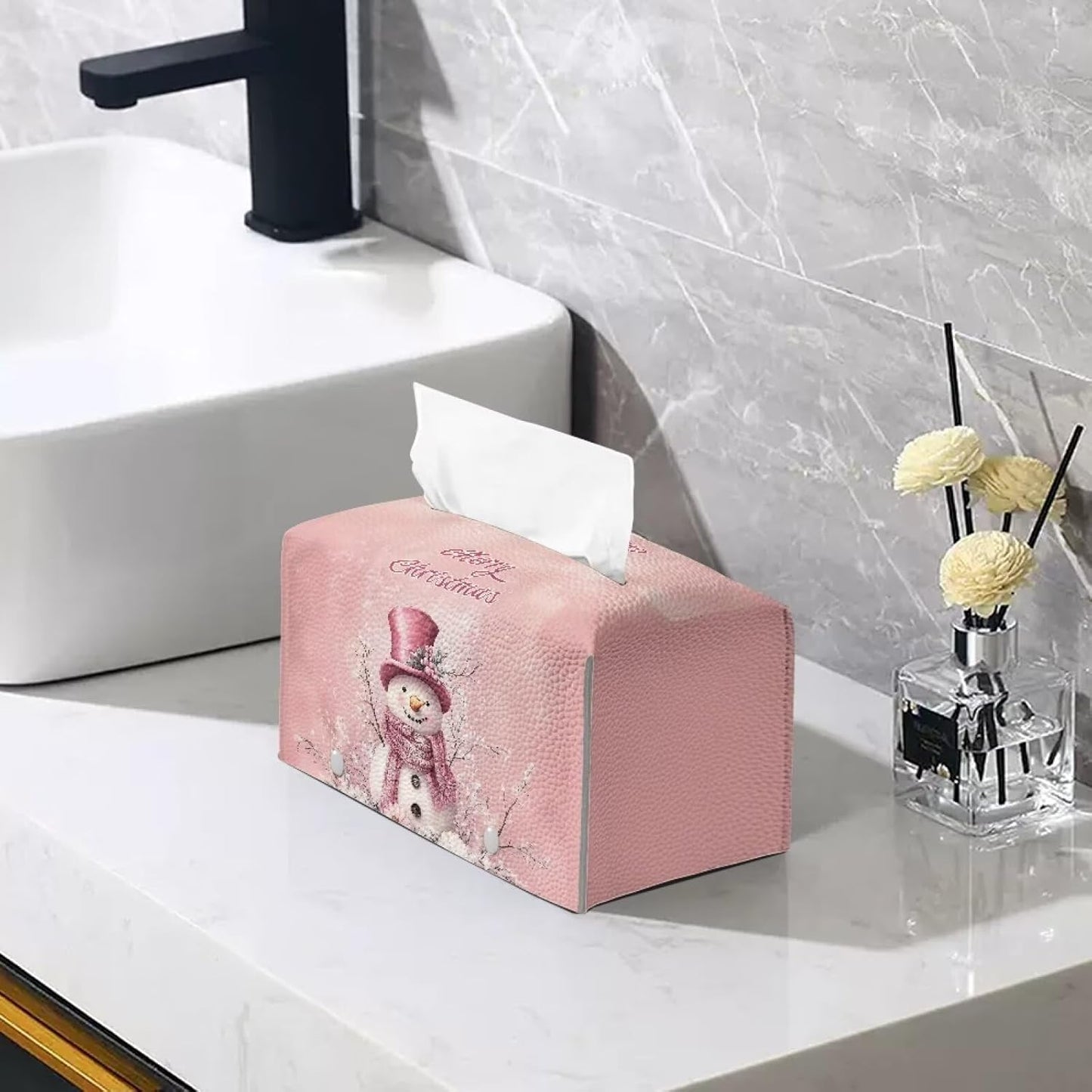 Snowman Rectangle Tissue Box Cover PU Leather Tissue Box Cover Modern Home Decor Cute Tissue Box for Kids Room Bathroom Accessories 9x5x5