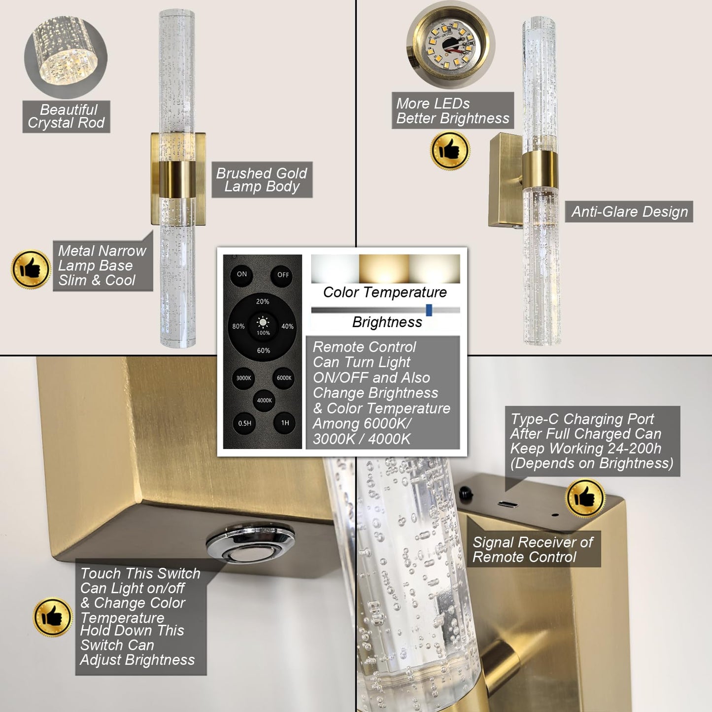 Reddragon Lighting Cordless Rechargeable Crystal Wall Sconces Set of 2, 15.5 Inch, Brushed Gold, Battery Operated