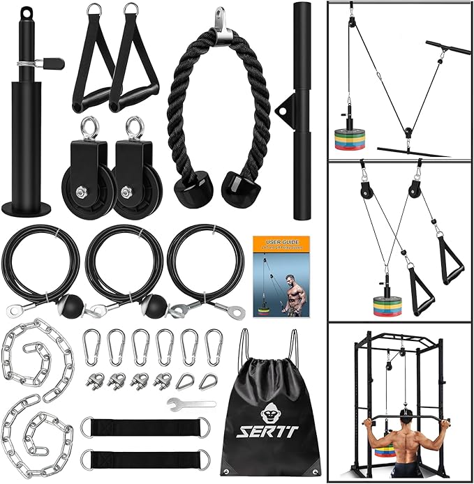 SERTT Weight Cable Pulley System Gym, Upgraded Cable Pulley Attachments for LAT Pull Down, Biceps Curl, Tricep, Arm Workou...