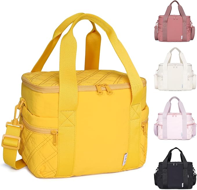 NOL Natural Organic Lifestyle Women's Nylon Lunch Cooler Cute Quilted Lunch Bag Large Leakproof Insulated Lunch Tote Bag for Work Picnic Travel,Earth-yellow