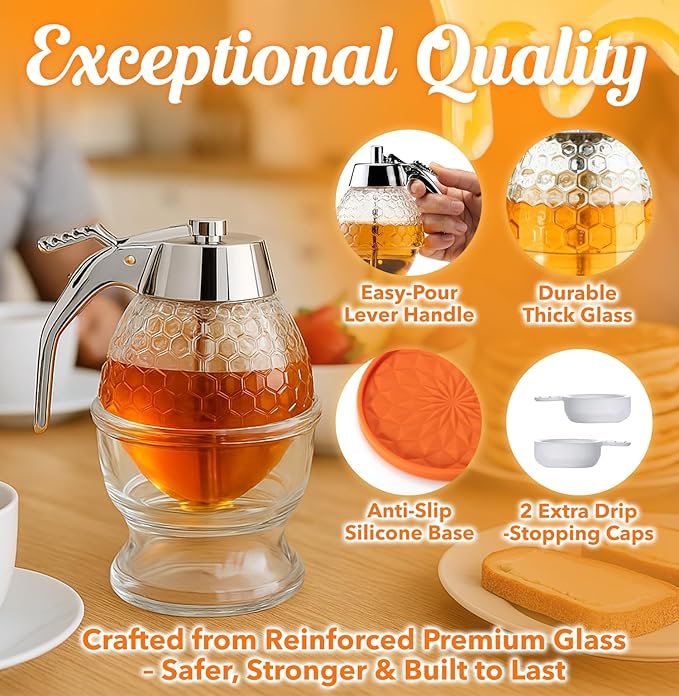 8oz Glass Honey Dispenser with EXCLUSIVE SILICONE MAT & Airtight Lid – Container for Honey, Syrup & Sauces Bottle | Mess-Free, Easy-Pour Design Jar| Premium Quality Glass Pot | Custom Gift Box