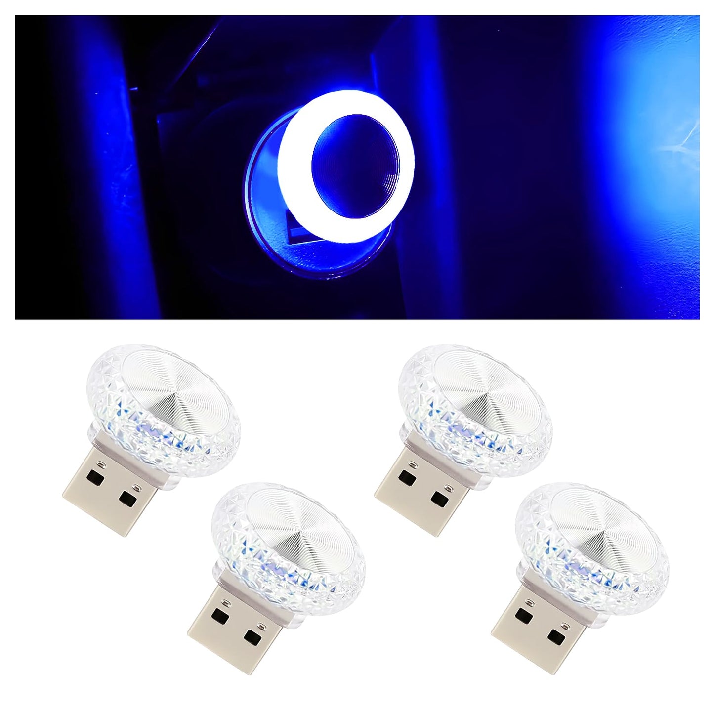 Hovom 4Pcs Usb Led Car Interior Atmosphere Lamp  Portable Mini Car Led Night Light Decoration  Plug-In Usb Automotive Ambient Lighting Kit  Universal For Cars Suvs Trucks Rvs (Blue)