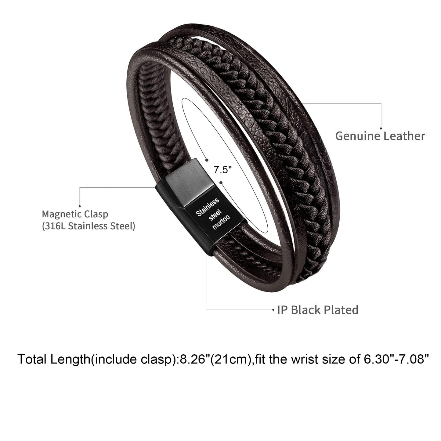 murtoo Mens Leather Bracelet Cowhide Multi-Layer Braided Leather Mens Bracelet (Brown, 7.5)