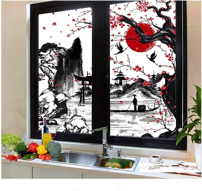 Vintage Japanese Style Decorative Window Film Abstract Ink Japanese Landscape Torii Gatekids Blackout Window Film,Cafe Lighted Window Film 23.6Wx78.7L-Inch X2Pcs