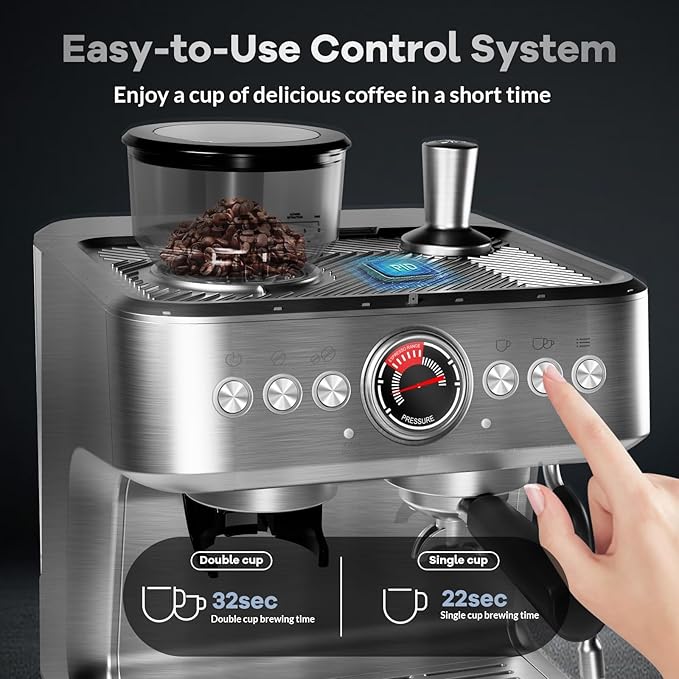PeakPursuit Espresso Machine, Grinder, 20 Bar Semi-Automatic Coffee Maker with Milk Frother Steam Wand, PID Temperature Control, 2.8L Water Tank,Home Espresso Coffee Maker for Latte, Cappuccino
