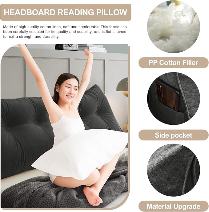 Large Triangular Headboard Pillows Long Backrest Positioning Support Bolster Cushion for Daybed Fluffy Quality Plush Body Wedge Pillow with Removable Cover(Black-Cal King-71x8x20 in)