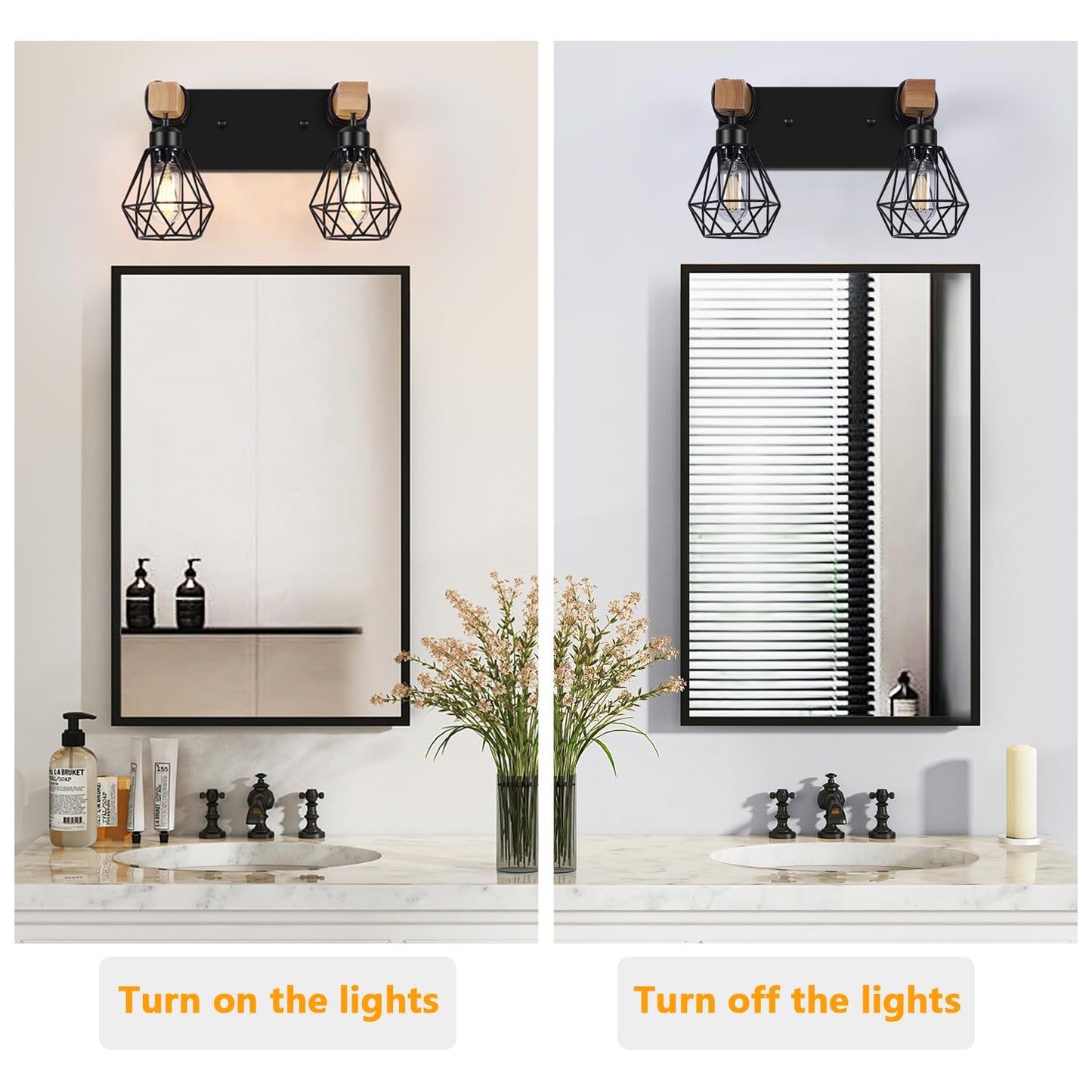 Fadimikoo 2-Light Rustic Style Wood Bathroom Wall Sconce  Farmhouse Vanity Lighting Fixture Fopr Bathroom  Industrial Wood Wall Light Over Mirror With Metal Shade  Bulbs Not Included