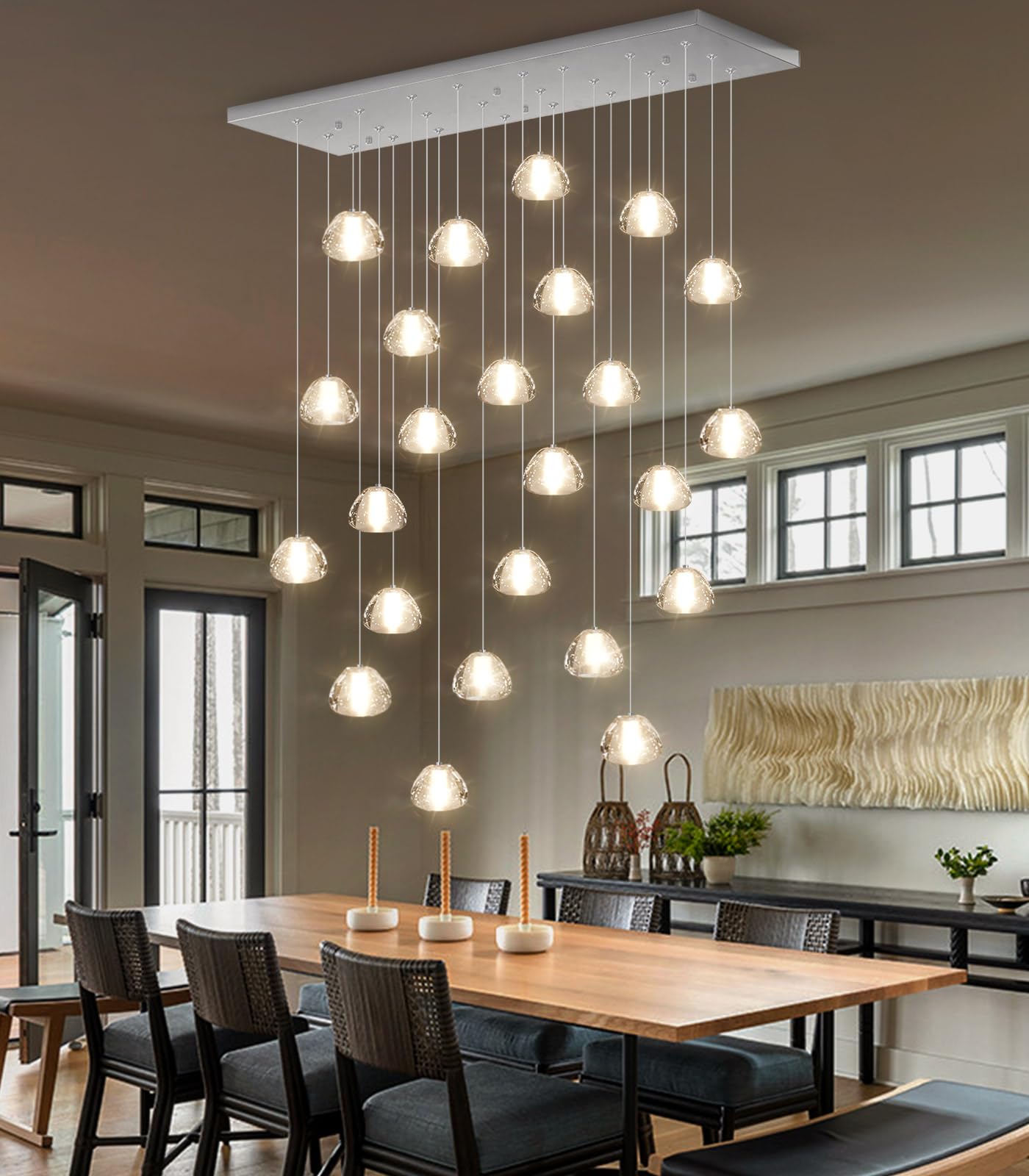 Dolria 24-Lights Modern Rectangular Crystal Chandelier Led Raindrop Ceiling Pendant Light Crystal Lighting Fixture For Living Room Hotel Staircase Hallway Foyer Entryway Bedroom Silver