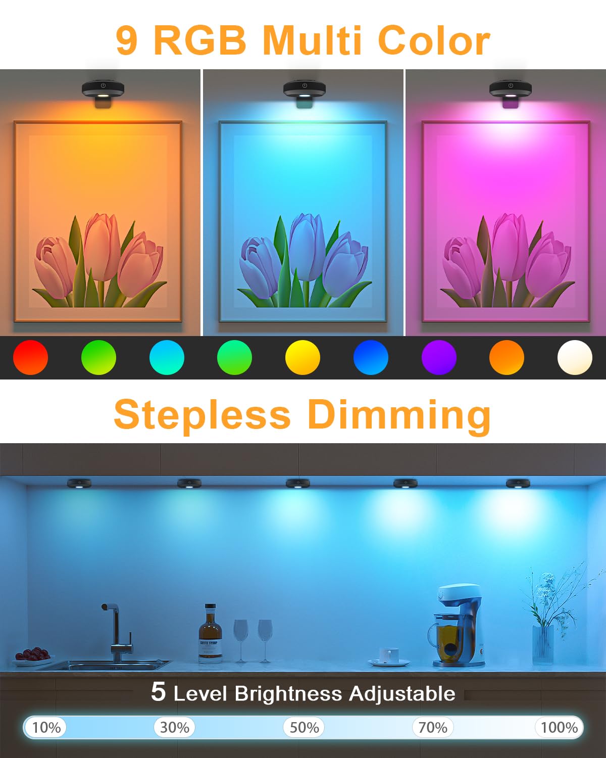 WILLED RGB Lights,Poster Lights,Battery Operated Rechargeable Picture Light,Puck Light with Remote,9 RGB Colors,Dimmable&Timer,Art Gallery Lighting,Display Lighting for Paintings Wireless