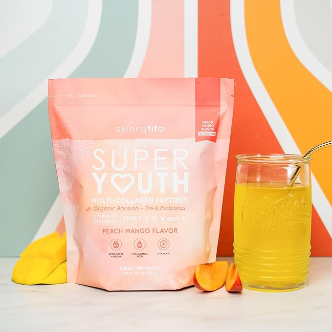 SkinnyFit - Super Youth, Peach Mango (28 Servings) - Multi Collagen Peptides Powder - Probiotics, Fiber, Hyaluronic Acid - Collagen for Women - Non GMO, Gluten Free, Sugar Free - Beauty & Self Care