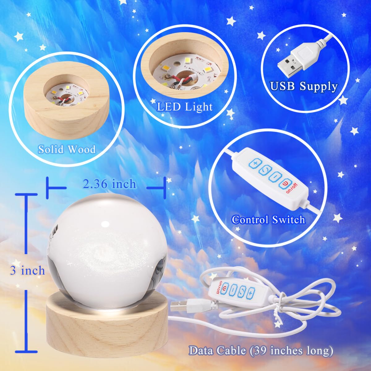 Hochance 3D Phoenix Crystal Ball Lamp With Adjustable Brightness Led Wooden Base Night Light For Kids Teens mature-themeds Birthday Gift Home Desk Office Bedroom Decor (6Cm / 2.4 )