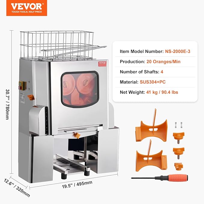 VEVOR Commercial Orange Juicer Machine, 120W Automatic Juice Extractor, Stainless Steel Orange Squeezer 20 Oranges/Minute, with Pull-Out Filter Box, Stainless Steel Cover, 2 Peel Collecting Buckets
