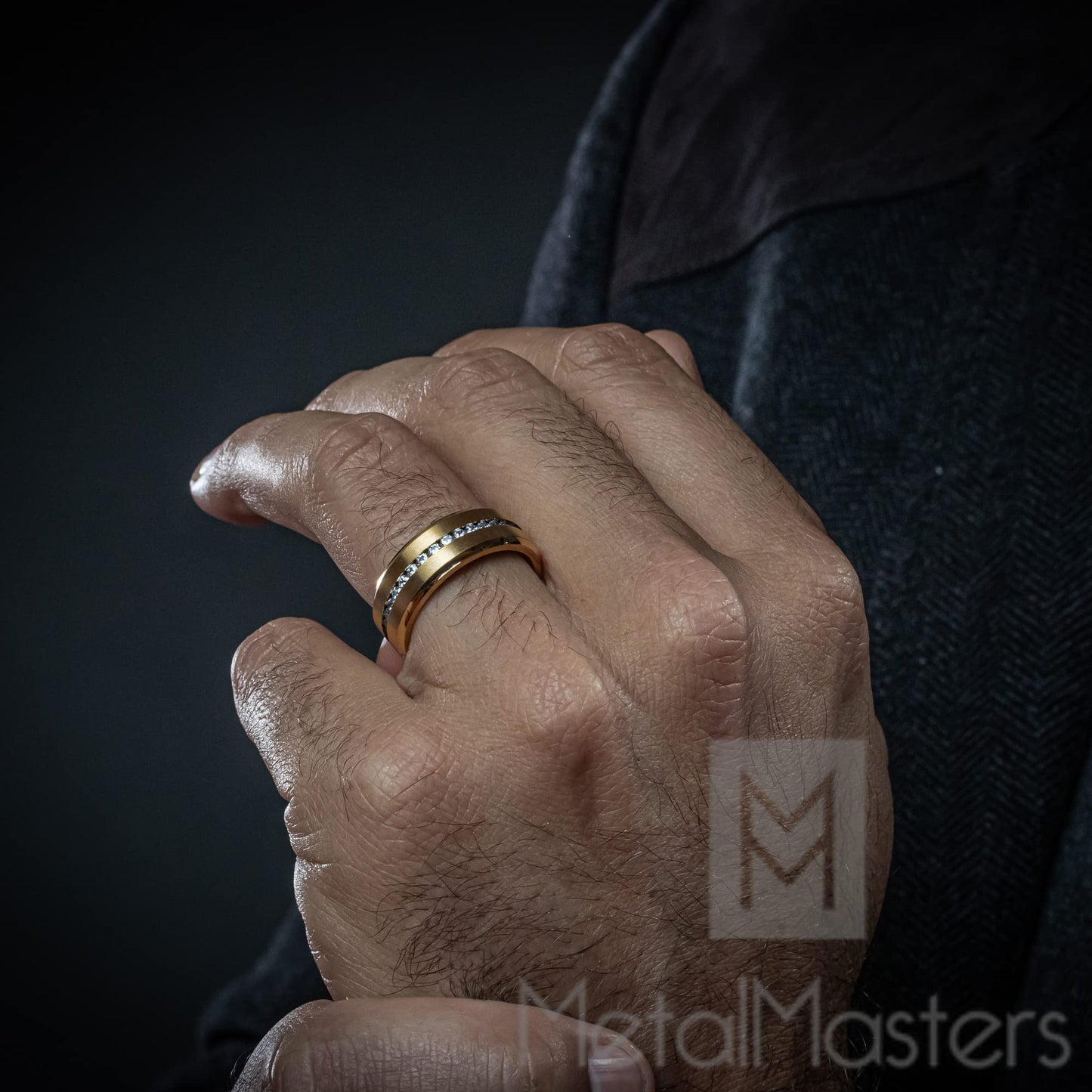 Metal Masters GoldTone Titanium Men's Eternity Wedding Band Ring with Cubic Zirconia CZ, Comfort Fit 8mm SZ 11.5