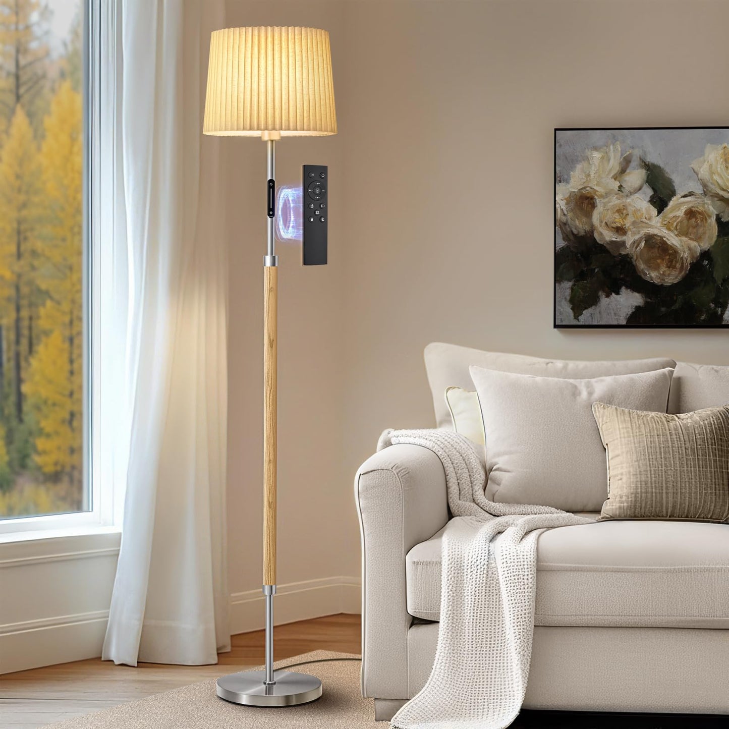Jeagop 61in Wood Floor Lamp with Remote, Touch Control, Stepless Dimmable, Silver, Model WOFL-2PLS, Modern Farmhouse Design