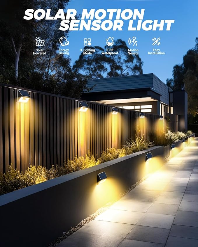 4 Pack Solar Fence Lights, Waterproof Motion Sensor Deck Outdoor, Warm White LED Outside Wireless for Wall Yard Steps Stairs Garden - Black