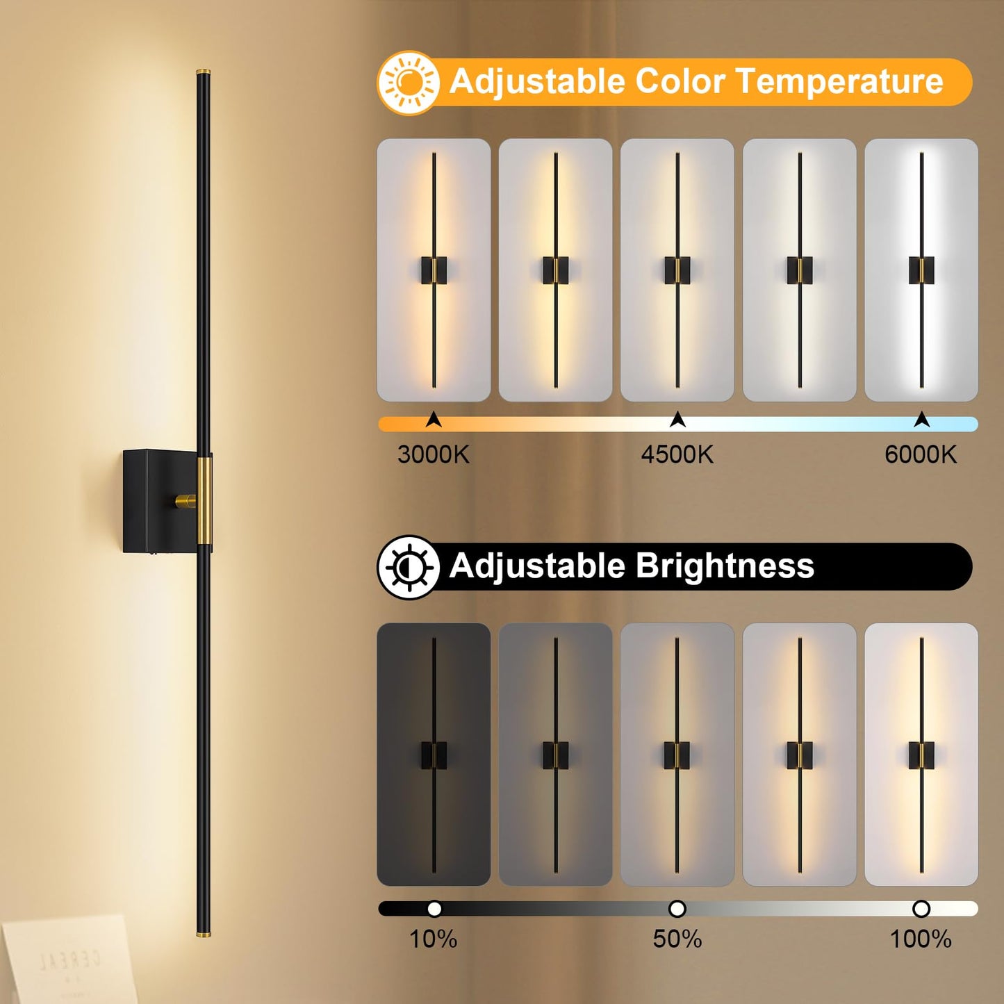 JZEKVN Battery Operated Wall Sconce Set of Two, Dimmable 3000K-6000K, 39.4in, Black & Gold, Model 202411140