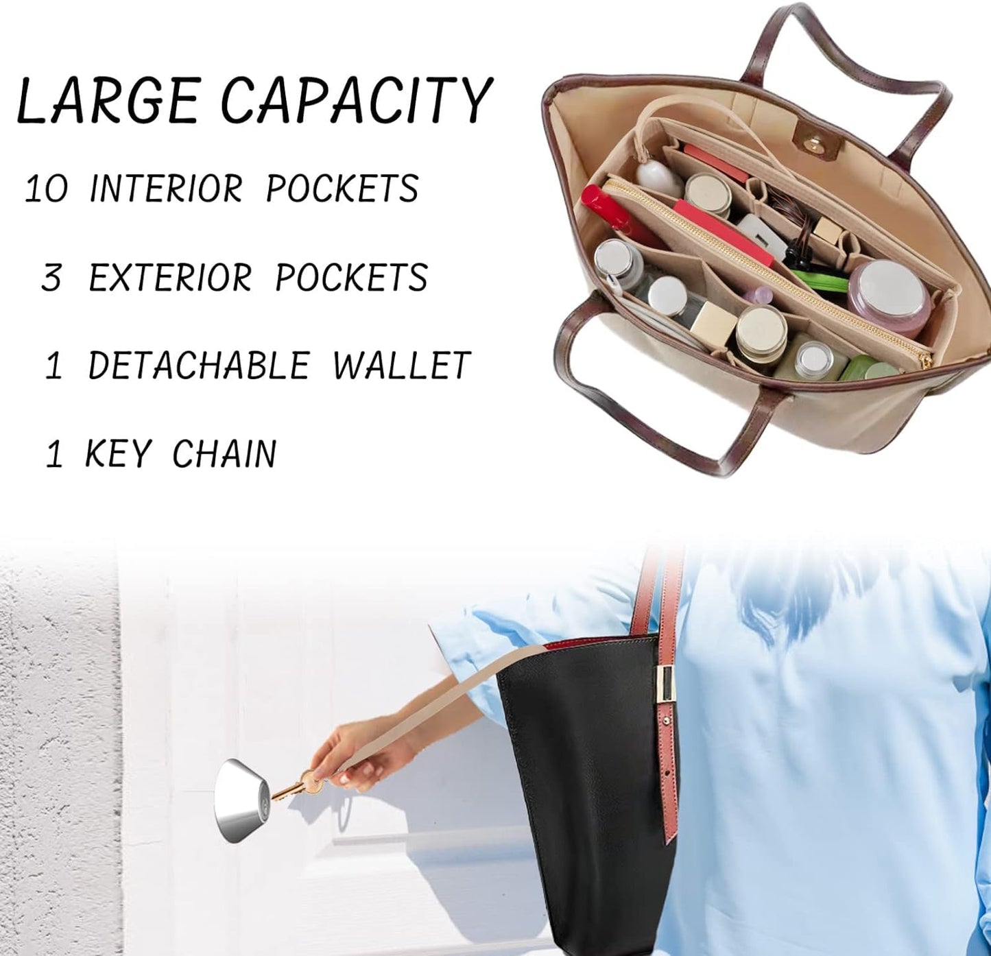 Purse Organizer Insert with Zipper Felt Bag Organizer Handbag Organizer Insert Bag in Bag Organizer with Key Chain for Tote Purs