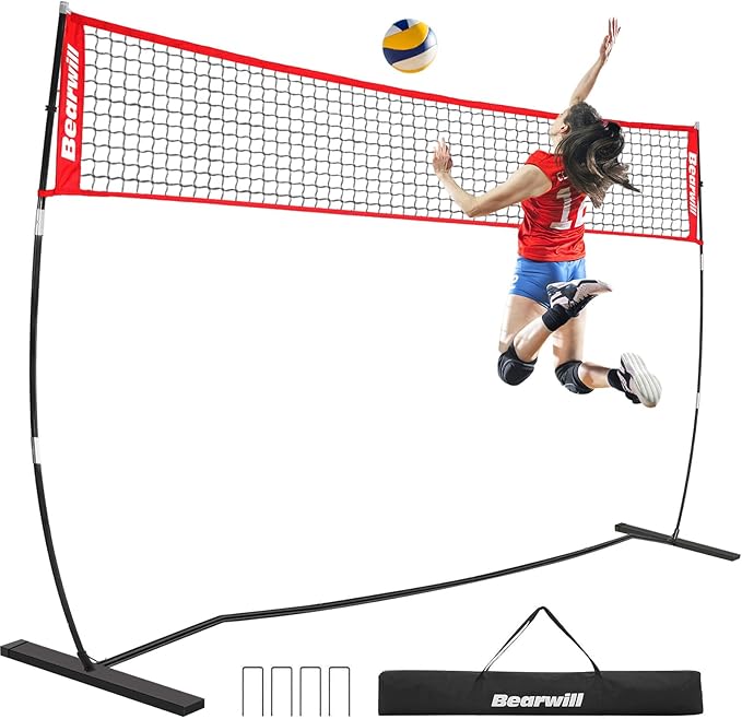 Bearwill Volleyball Net, 12FT Portable Volleyball Net for Backyard, Freestanding Volley Ball Set Height Adjustable with Ca...
