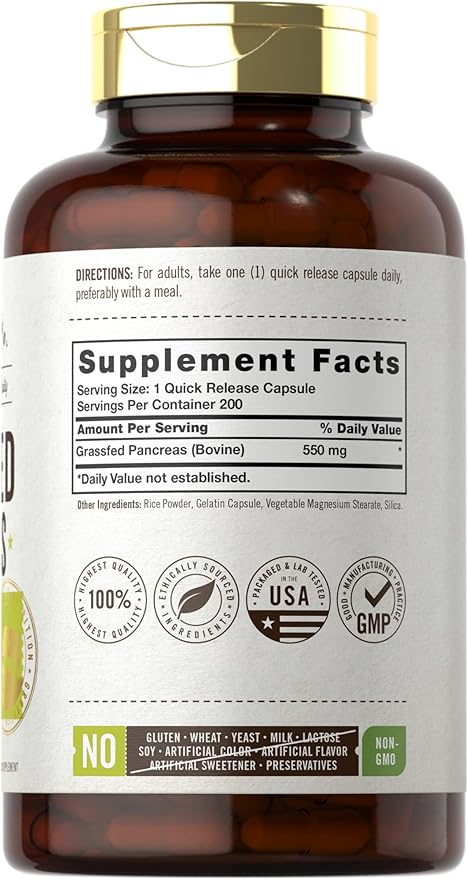 Carlyle Grass Fed Beef Pancreas | 550mg | 200 Capsules | Desiccated Pasture Raised Bovine Supplement | Non-GMO, Gluten Free | by Herbage Farmstead