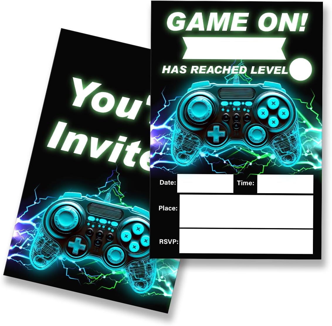 EUDOSI Video Game Birthday Party Invitations Supplies Fill-In Set of 20 with Envelopes Game on Birthday Bash Invites Cards, Double Sided