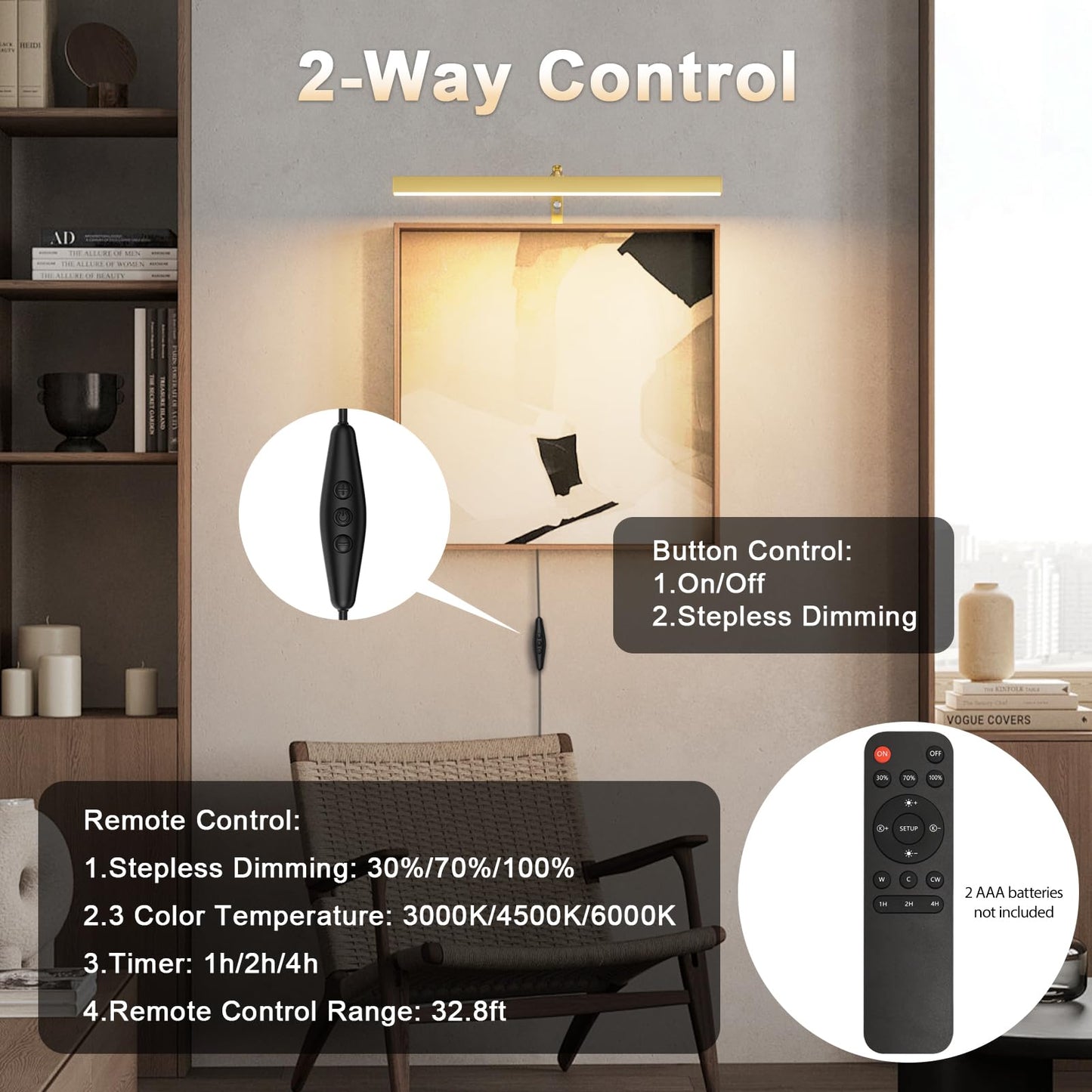 Coinmit Plug in Picture Lights for Wall, 16 inch Dimmable LED Art Light with Remote, 3 Colour Temperature Gallery Painting Wall Light for Picture Display Dartboard Art Work (Gold)