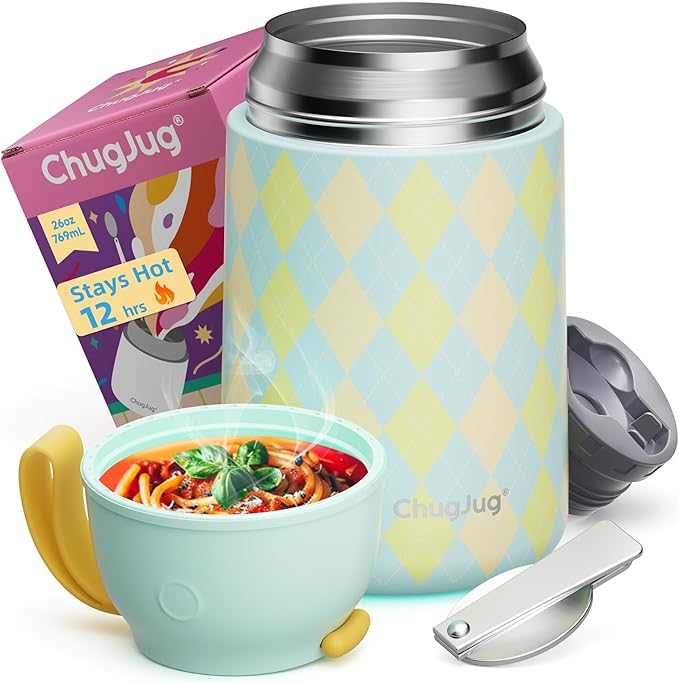 Thermo for Hot Food for Adults Kids | Wide Mouth, 26 oz Insulated Food Jar with Spoon, Leakproof Soup Thermo for School Office Travel, Thermal Steel Lunch Container Easy to Carry (Green)