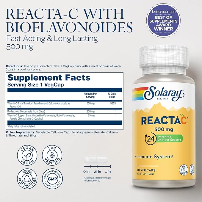 SOLARAY Reacta-C with Vitamin C 500mg - 200mg Bioflavonoid Concentrate, Immune Defense Vitamins - Patented 24 Hour Immune Support Supplement - Vegan - 60 Capsules, 60 Servings