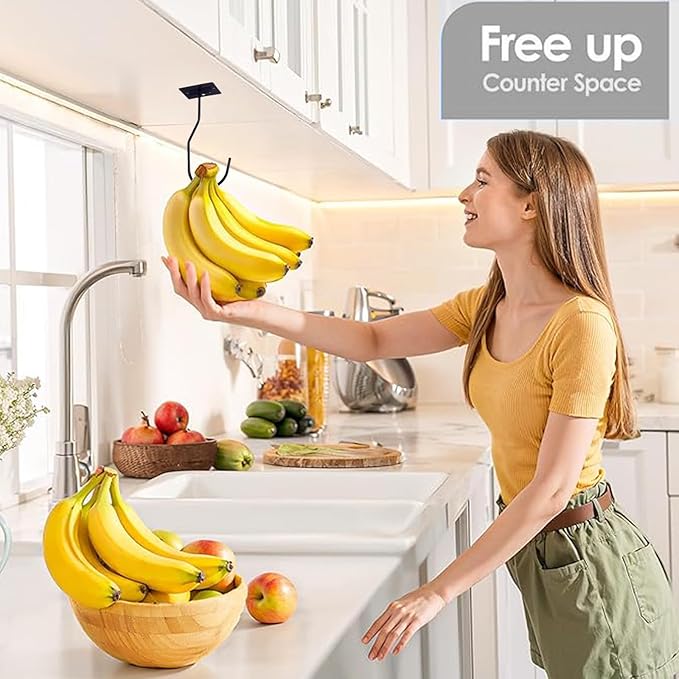 Self-Adhesive Banana Hooks, Foldable Magnetic Hanger Under Cabinet, Sturdy Metal Banana Holder for Kitchen, Space-Saving Design to Keep Bananas Fresh 2 Pieces Black